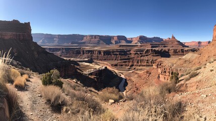 Clear blue sky above a majestic canyon with red rock formations and a winding river creating a beautiful scene.