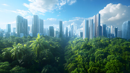 Lush Green Forest Merging into a Futuristic City – Urban Sustainability Vision