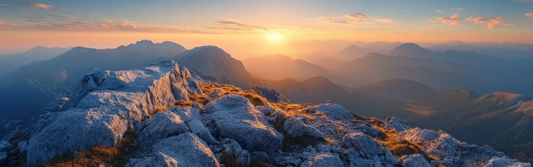 Obraz premium Panoramic view of mountain range during autumn sunrise