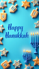 Hanukkah celebration with cookies shaped as Stars of David and dreidels