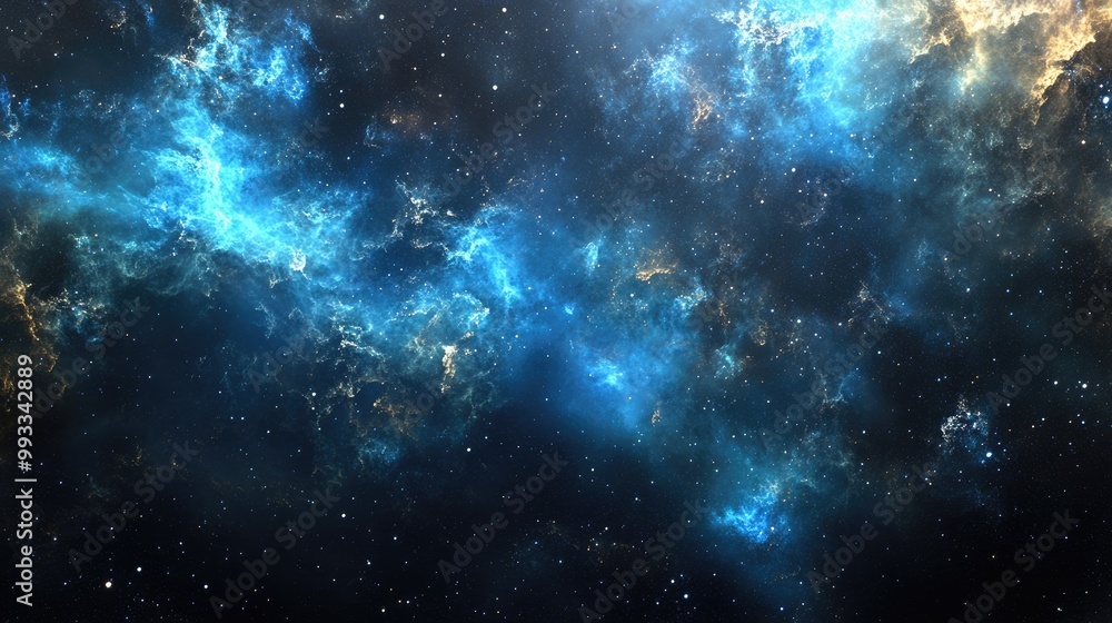 Poster 3d rendering of a nebula in space featuring a vivid blue and black cosmic backdrop