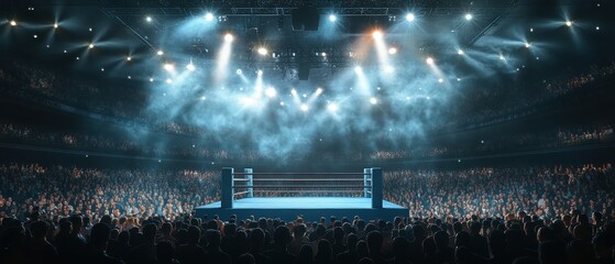 Boxing Ring with Crowd of Spectators and Stage Lights -  Fight Night Concept