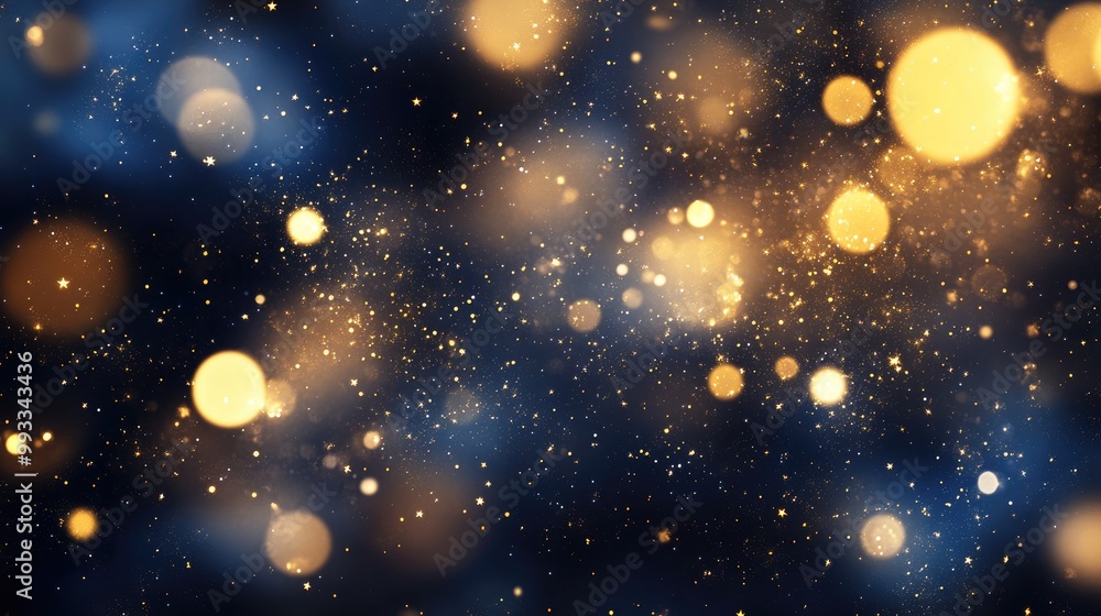 Poster abstract background featuring dark blue and gold particles enhanced with sparkling gold stars and bo