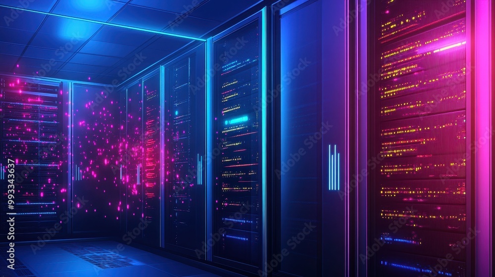Poster futuristic server room with neon lights and data transfer visualizations.