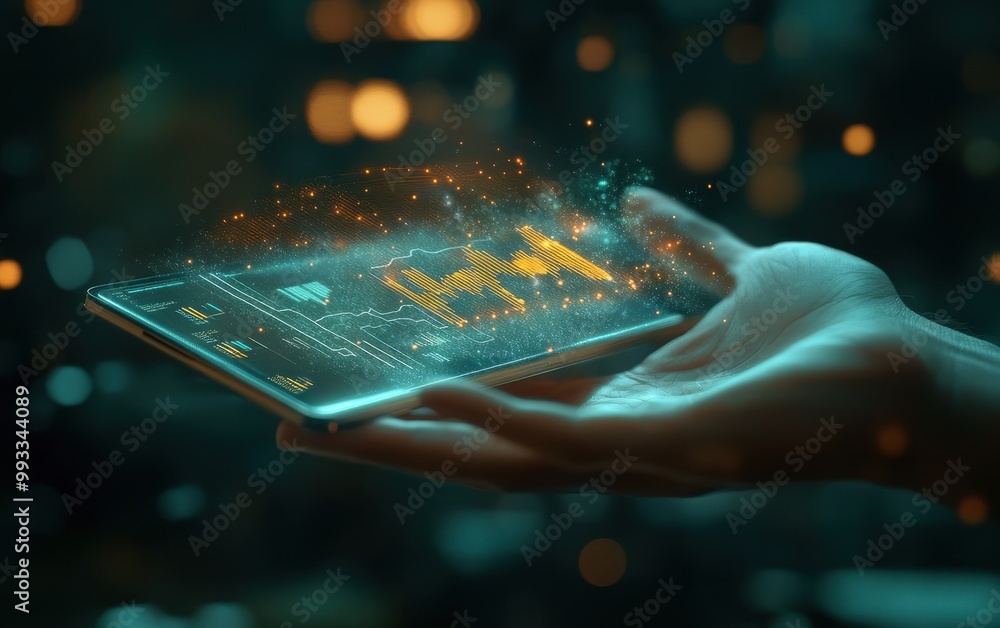 Poster futuristic holographic data display on smartphone screen with blurred background.