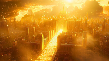 From the heavens descends the New Jerusalem made of gold, descend of God according to Bible. God calls His people to gather, as the divine city touches the earth.