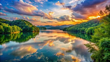 Naklejka premium Serene Holston Lake at sunset glows with vibrant reflections, surrounded by lush greenery, creating a tranquil scene that captivates the senses and enchants the soul.