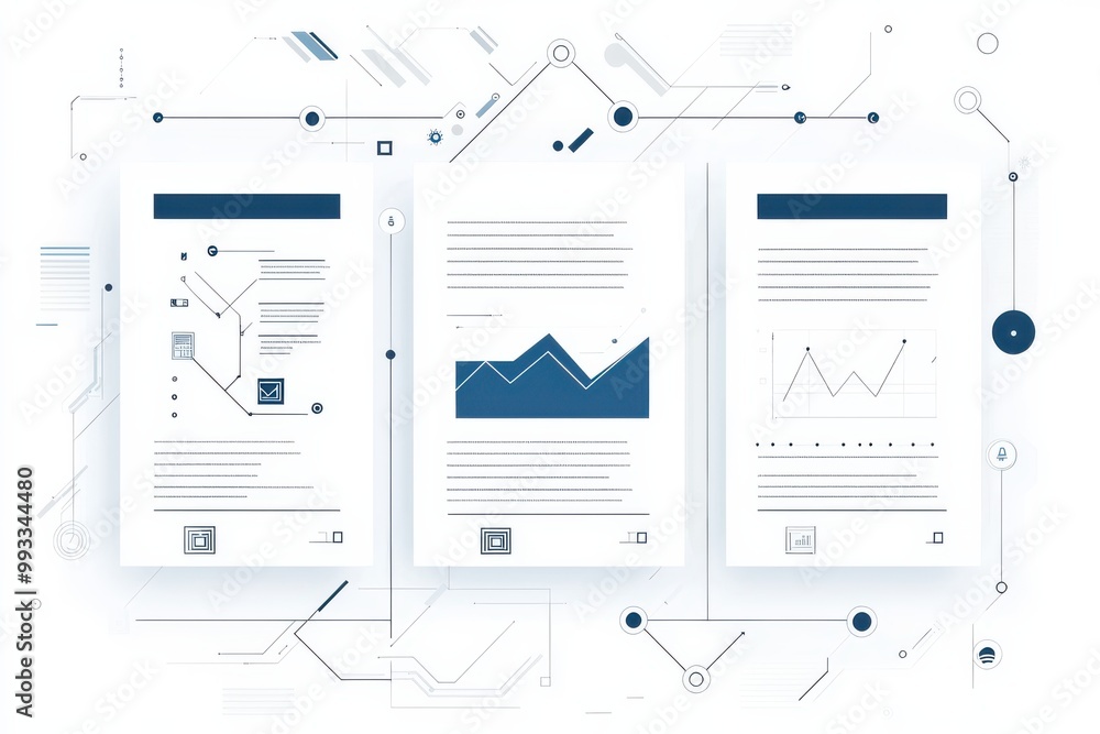 Poster graphic of minimalistic business reports with data charts and abstract design elements