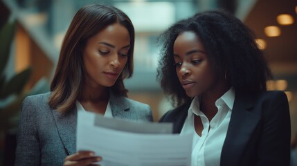 Middle-Aged Latina Mentor Guiding Young African American Professional During Document Review in a Corporate Boardroom