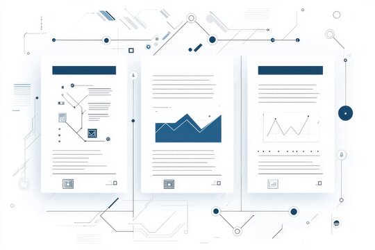 graphic of minimalistic business reports with data charts and abstract design elements