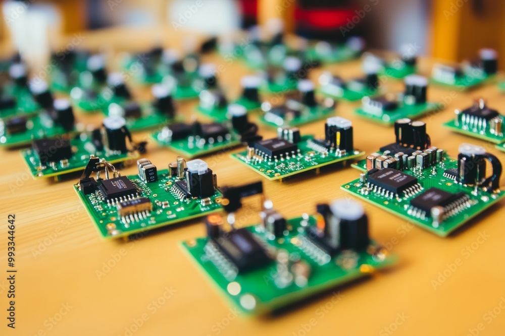 Poster a round electronic board with a display, a microchip and a processor, as well as many components for
