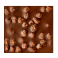 Chocolate bar with hazelnuts isolated on white background. Squared chocolate with nuts Top view. Flat lay.