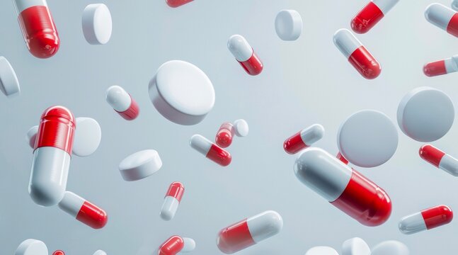 Red and white pills and tablets falling from above on white background.