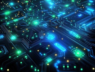 Abstract Futuristic Circuit Board with Glowing Blue and Green Lines - Technology Background