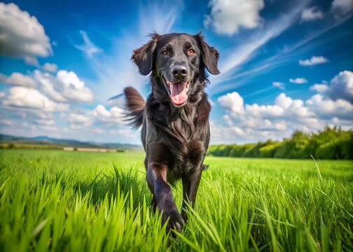 Joyful Flat-Coated Retriever Playing in a Sunny Field with Vibrant Green Grass and Blue Sky Above