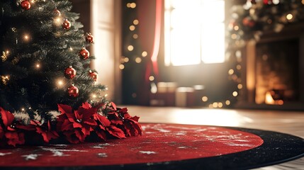 A cozy Christmas scene with a decorated tree, vibrant ornaments, and festive decor by a warm fireplace, creating a joyful holiday atmosphere.