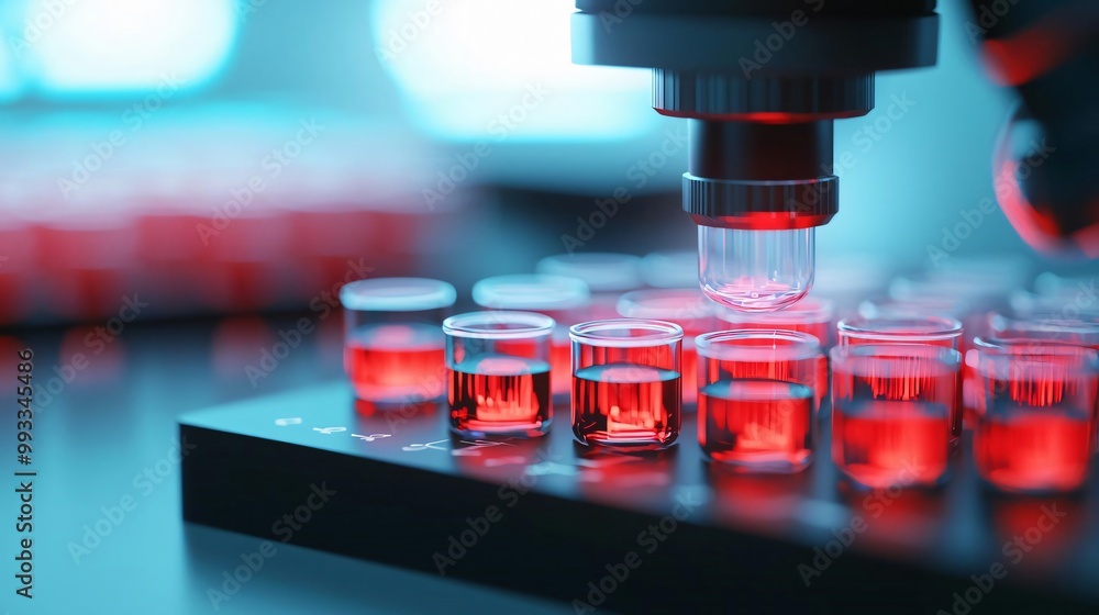 Poster close-up of a laboratory microscope inspecting red liquid in test tubes, showcasing precision in sci