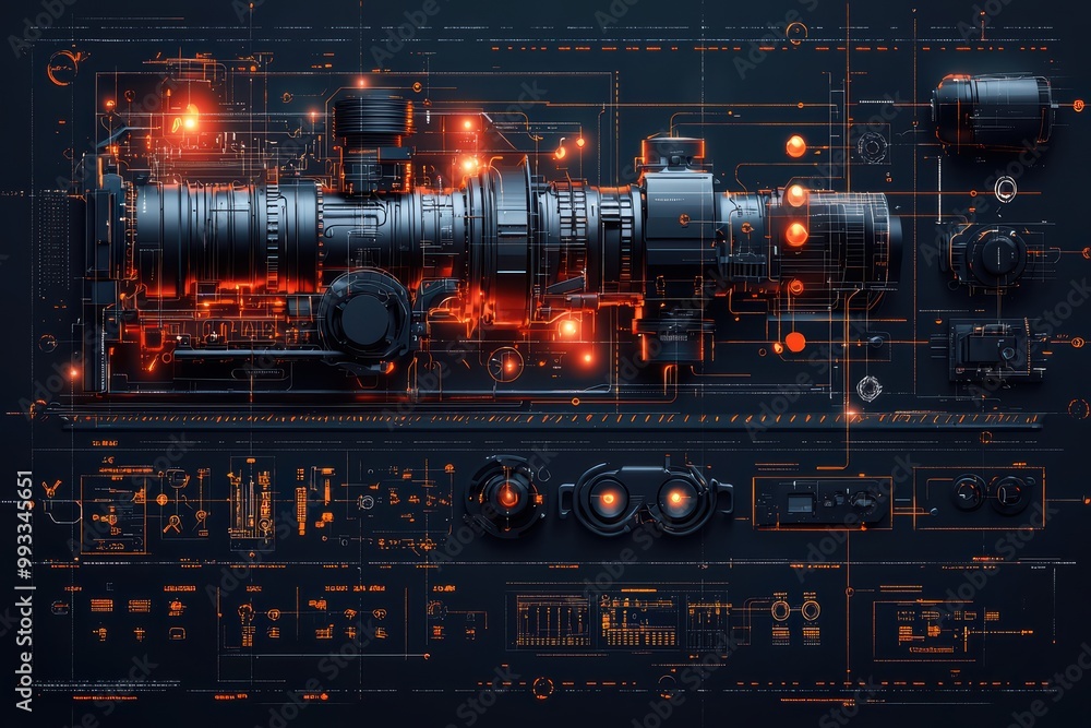 Poster technical blueprint of a futuristic engine with glowing orange elements and intricate mechanical det