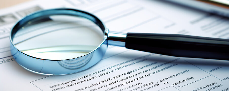 Magnifying glass resting on paperwork with clear text and focus on details in a professional setting