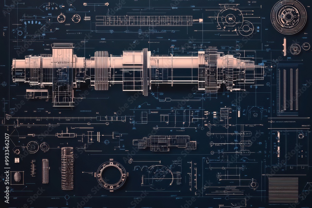 Poster intricate graphic of a technical blueprint drawing showcasing detailed mechanical components and eng