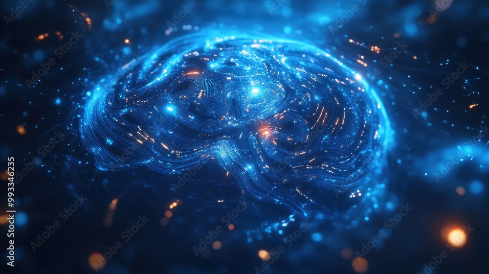 Poster abstract 3d brain illustration with glowing lines and particles - ai, technology, and neural network