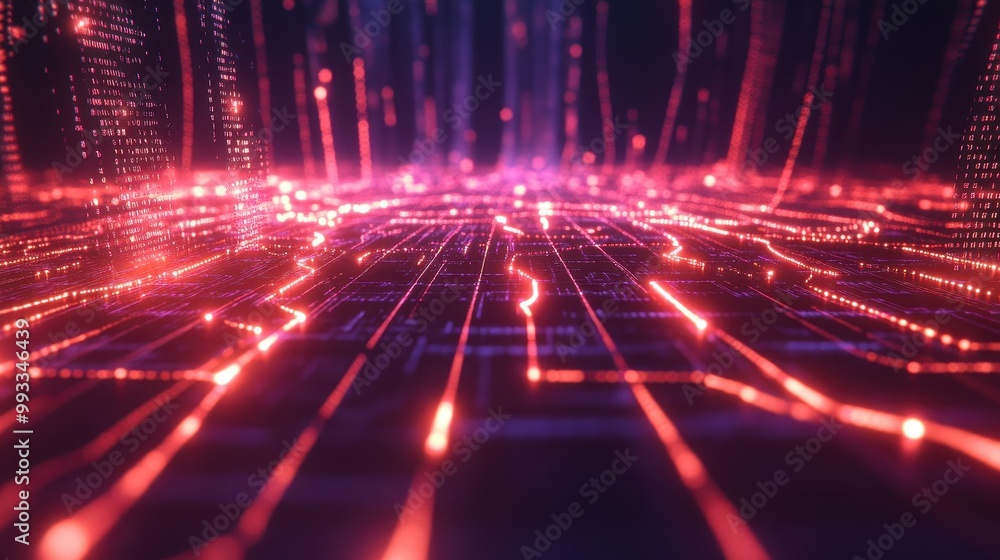 Poster abstract red and purple digital circuit board with glowing lines and bokeh lights.