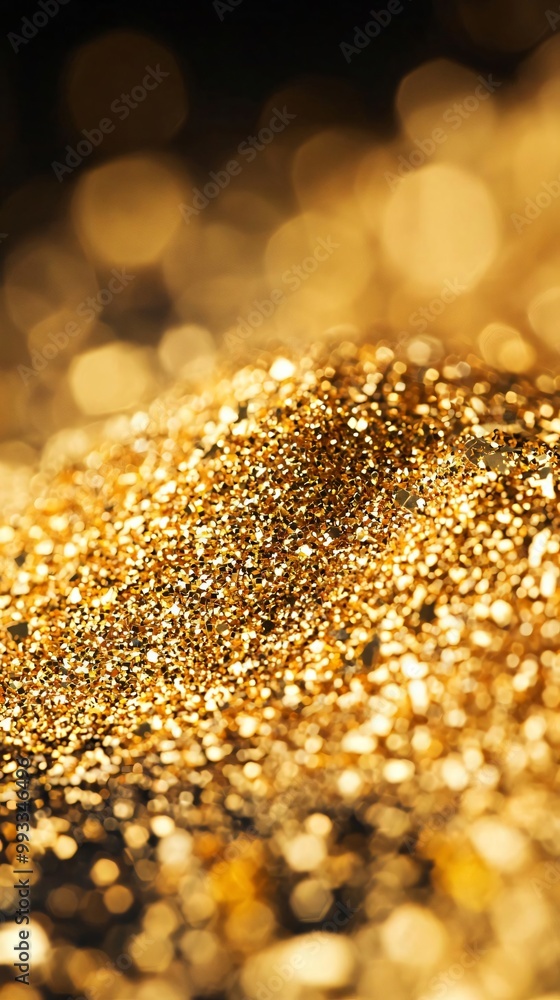 Poster close-up of shimmering gold dust sparkling in soft light, creating a luxurious and enchanting atmosp
