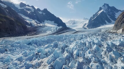 Clear, cold sky above a majestic glacier surrounded by rugged mountains showcasing deep blue crevasses.