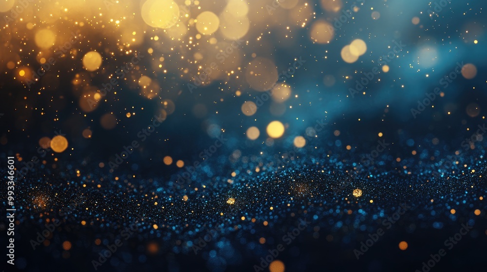 Poster abstract background featuring dark blue and gold particles enhanced with sparkling gold stars and bo