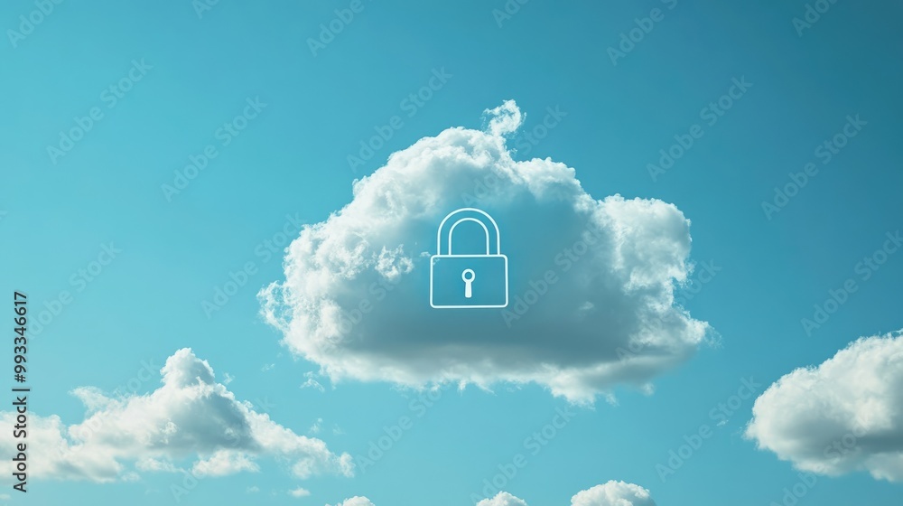 Poster cloud security padlock symbol against a clear sky illustrating concepts of digital encryption and sa