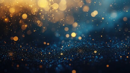 Obraz premium Abstract background featuring dark blue and gold particles enhanced with sparkling gold stars and bokeh effects creating a festive atmosphere with a luxurious gold foil texture