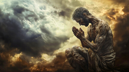 Job, covered in painful sores from head to toe, kneels in agony, yet his faith remains unshaken. Amidst his suffering, he lifts his voice in prayer to God.