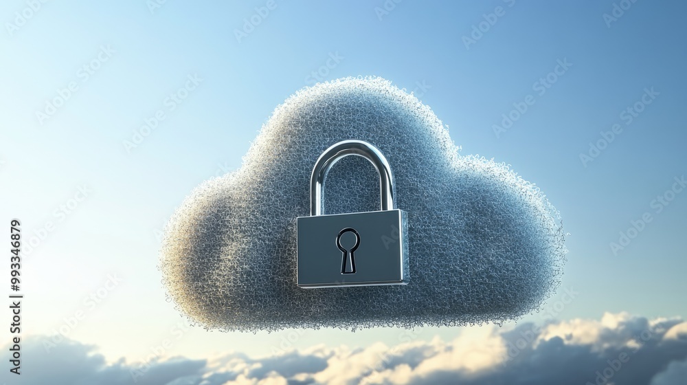 Poster cloud security padlock symbol against a clear sky illustrating concepts of digital encryption and sa