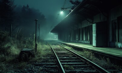 Fototapeta premium Lonely train tracks at a foggy station.