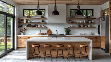A bright kitchen with a modern bar counter, a farmhouse sink, and open shelving filled with minimalist kitchenware