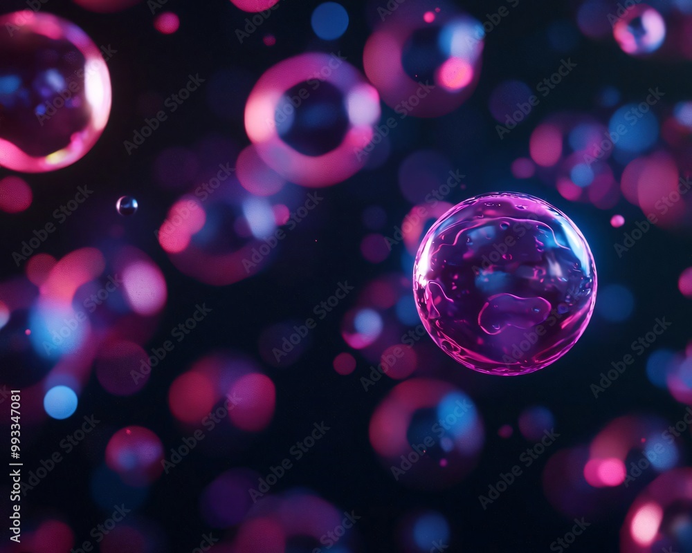 Poster colorful bubbles floating in a dark background, creating a mesmerizing abstract pattern perfect for 