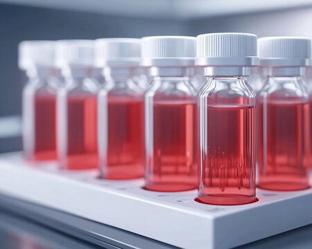 Collection of scientific vials containing red liquid in a laboratory setting, showcasing modern biochemistry and research.