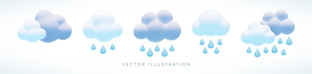 Vector cartoon 3d rainy weather icon set. Cute 3d render of clouds with rain drops, meteorology concept collection, storm illustration for design, game, web site, logo, weather app