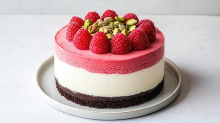 Elegant raspberry and pistachio ice cream cake, with a thin chocolate base, plated with fresh raspberries and crushed pistachios for texture, 3D illustration