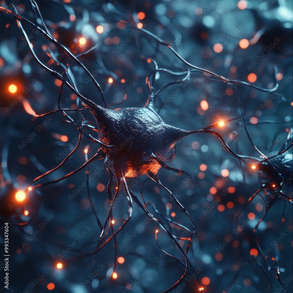 Poster 3d render of a neuron cell with glowing synapses and axon