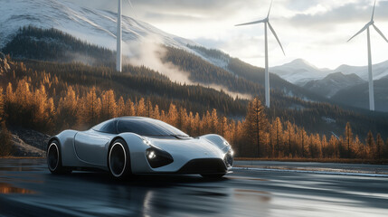 A sleek electric sports car driving through a scenic mountain road, surrounded by forests and wind turbines, emphasizing performance and eco-friendliness