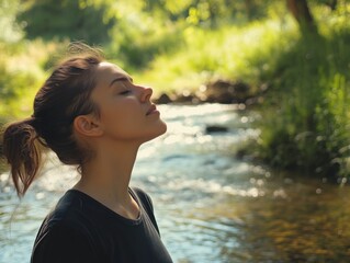 Woman outdoors, standing by a stream with her eyes closed, head tilted back, breathing deeply, with space for copy in the peaceful landscape