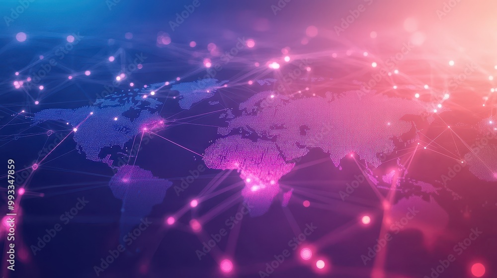 Poster abstract world map with network connections - global connectivity, digital technology, business, com