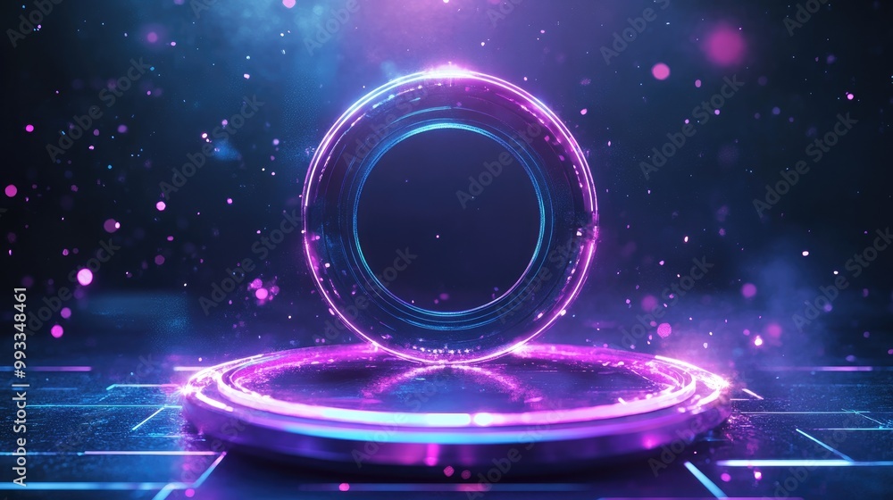 Poster futuristic holographic portal with glowing neon circles and sparkles designed for gaming features a 