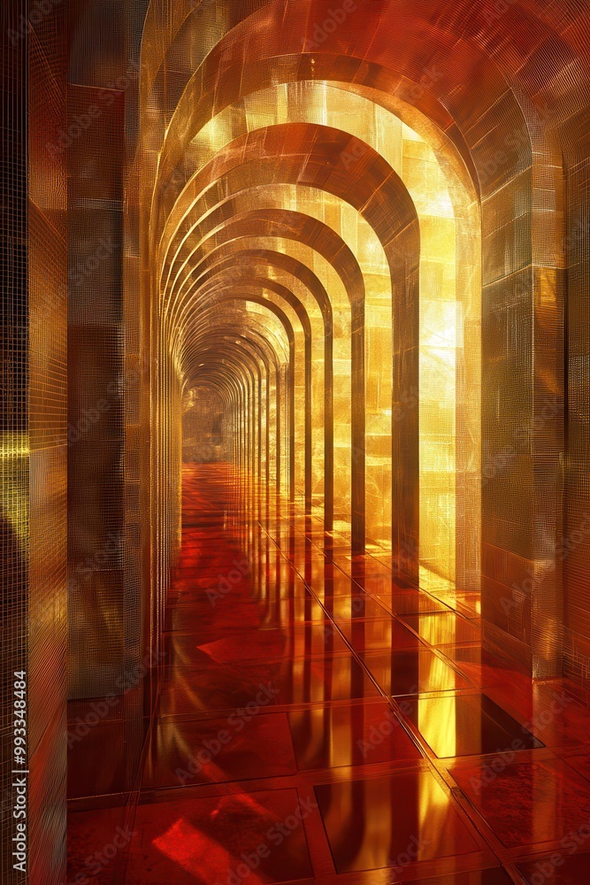 Poster abstract gold archway corridor with red floor - 3d rendering.