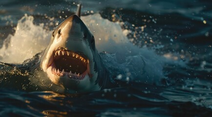 Dangerous great white shark with open mouth attacking in the water.