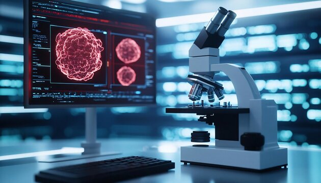 High-tech laboratory setting with microscope and digital screen displaying cell structures for scientific research.