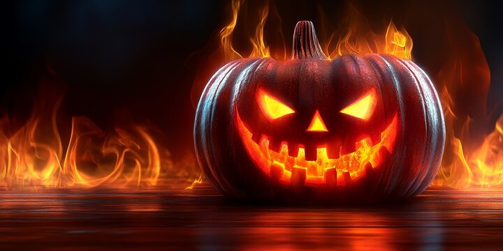 A carved pumpkin glows with an evil grin against a fiery backdrop.