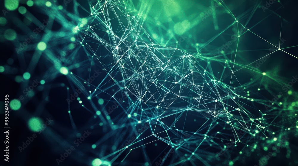 Aufkleber abstract green network of lines and points on dark background.