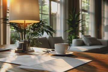 A bunch of documents on the desk in the minimalistic office.